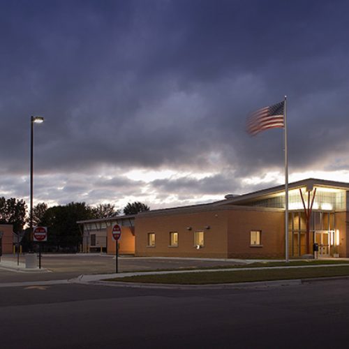 Marinette Water Treatment Facility exterior at night