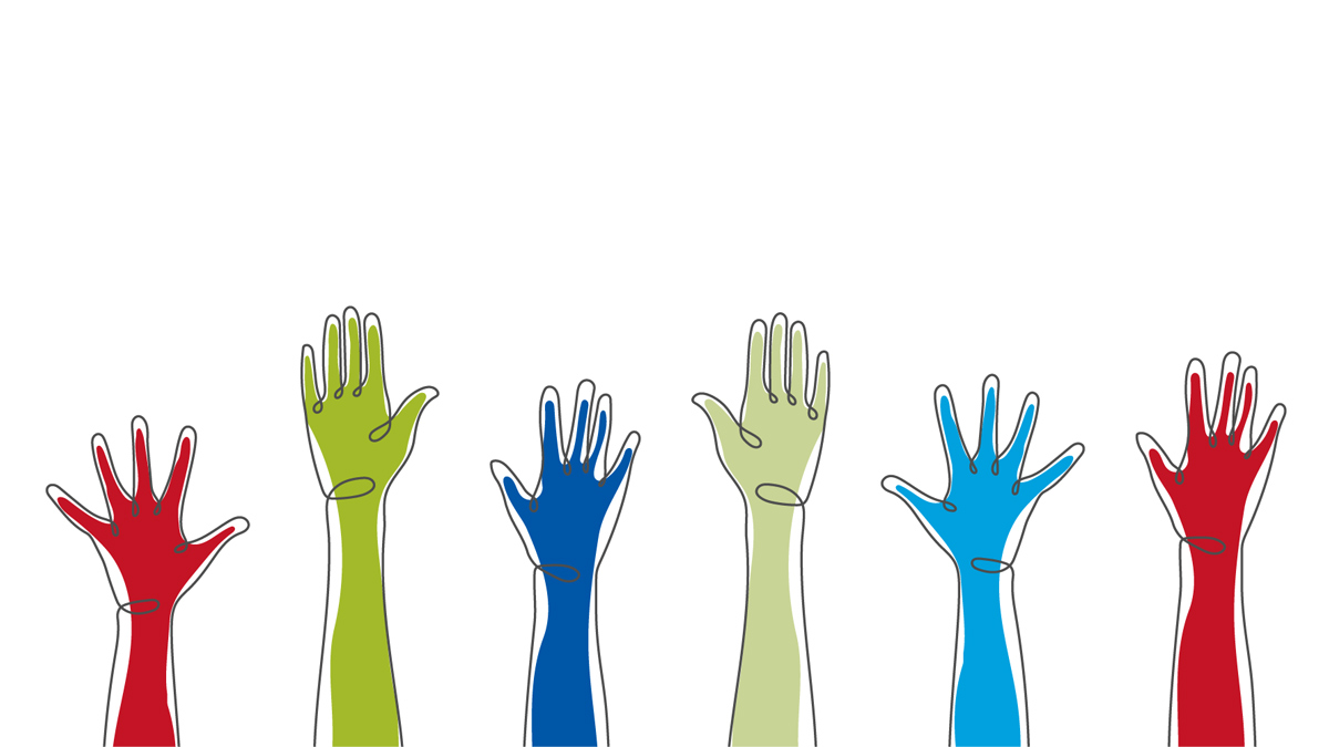 illustration of multicolored hands reaching up