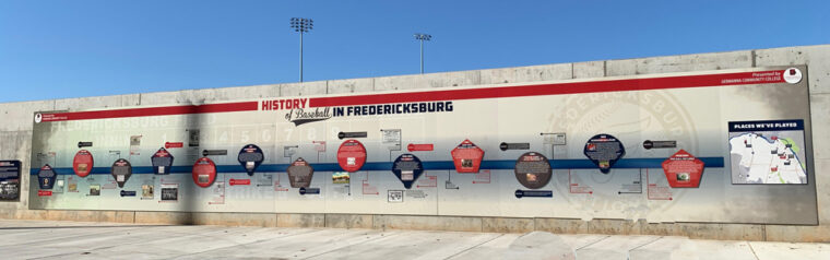 a wall in the stadium shows a timeline of baseball in Fredericksburg