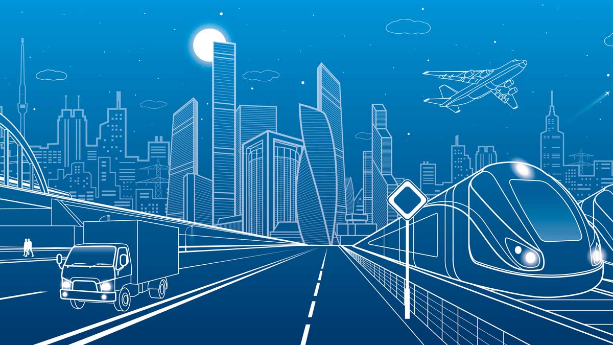 a futuristic city is drawn on a blue background with tall buildings, a train, road, and an airplane