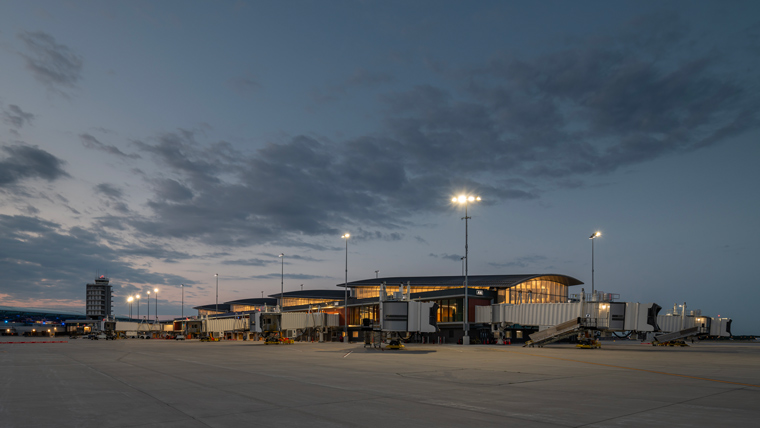Gerald R Ford airport exterior at dusk