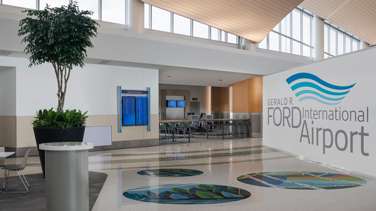 Gerald R Ford International Airport sign inside the airport