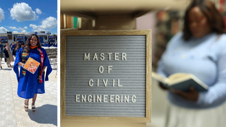 two photos showing hunter in a blue graduation gown and a decorated cap that says "I'm there." The second photo has a letter board in focus with "Master of Civil Engineering" Hunter is blurry in the background looking at a book.