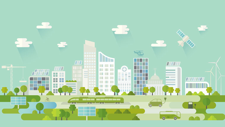 illustration of a smart city with solar panels on buildings and electric cars and buses