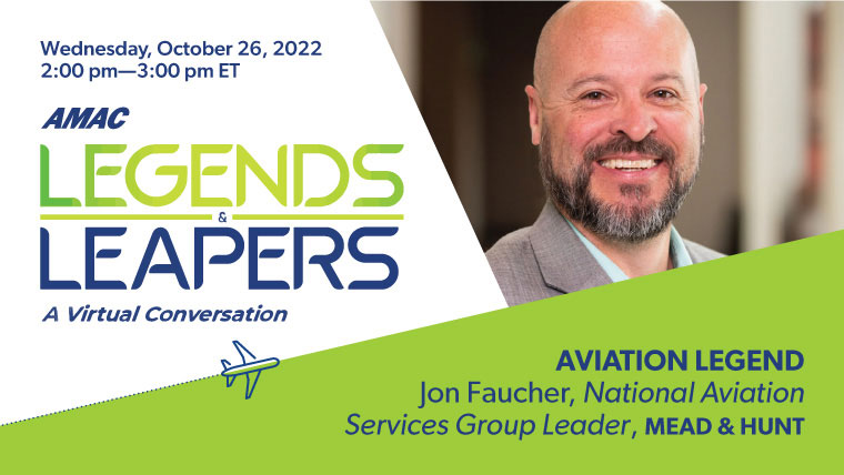 headshot of Jon Faucher and logo of AMAC legends and leapers with event details