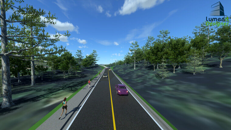 rendered model of road and sidewalk amongst trees and hills