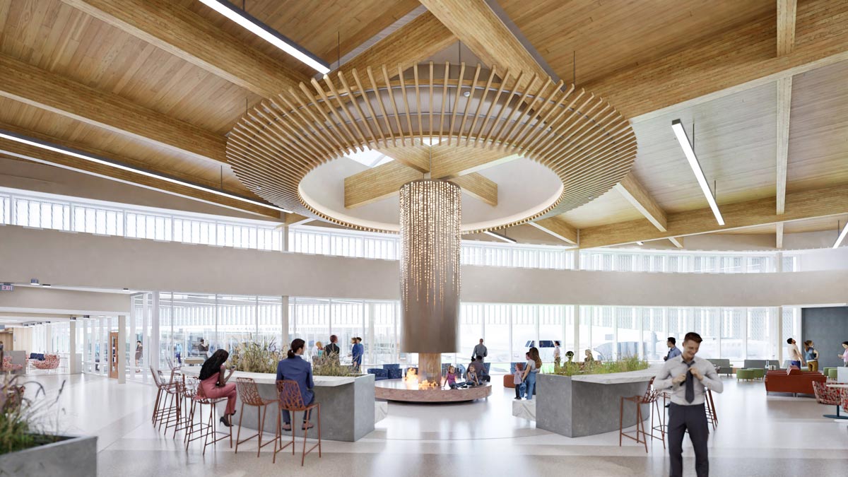 Rendering of an airport interior featuring exposed mass timber beams and warm wood ceilings, with an inviting circular wood canopy above a central gathering area with white flooring and a central fireplace.