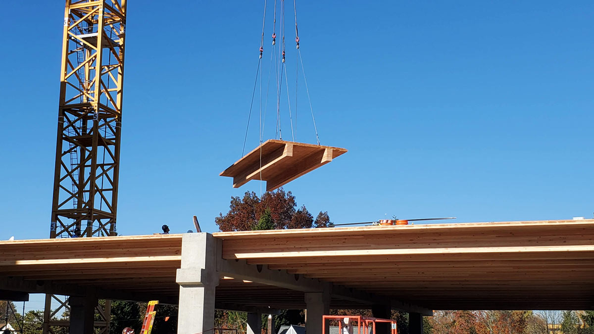 a large section of mass timber is being raised into place