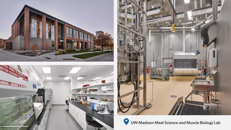 the exterior, lab space, and meat packing space at UW-Madison's Meat Science and Muscle Biology Lab