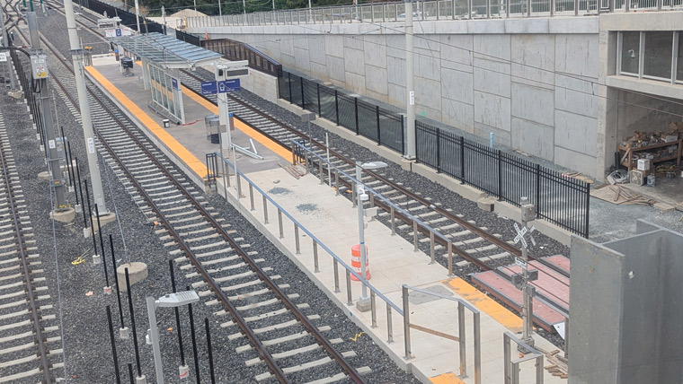 view looking down at railway, two tracks on either side