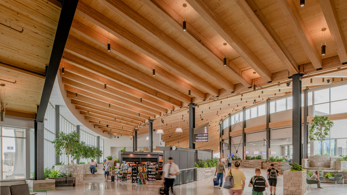 Airport featuring natural design elements of timber ceilings and interior trees